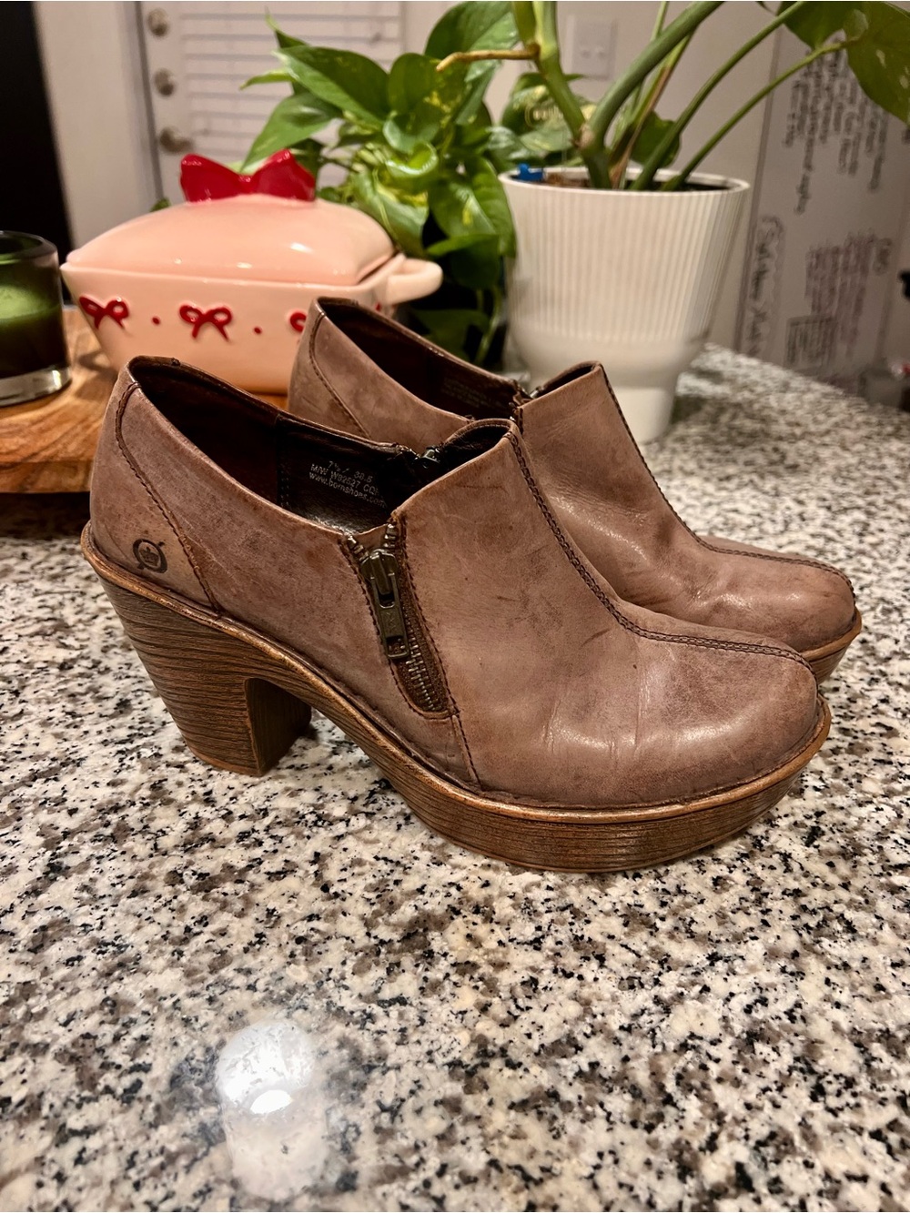 Born Brown Leather Platform Zip Heel Booties